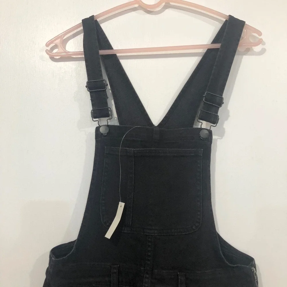Madewell Denim Skinny Overalls Lunar Wash Black‎ M Adj Strap Pockets Zip Utility